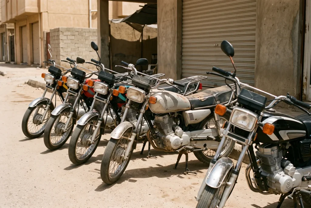 دراجات نارية صغيرة مستعملة مصفوفة متلاصقة ومائلة على جانب شارع ترابي، تختلف في اللون والعمر والحالة: واحدة خزّانها متآكل وآخر مغبرّ وثالث ألمع حالاً، وبعضها يحمل رفّ حمولة، وخلفها جدران إسمنتية وباب معدني منزلق.