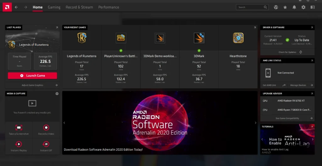 لوحة تحكم برنامج AMD Radeon Software.