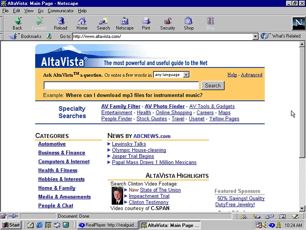 الصفحة الرئيسية لمحرك البحث AltaVista في أواخر التسعينيات معروضةً عبر متصفّح Netscape Navigator.
