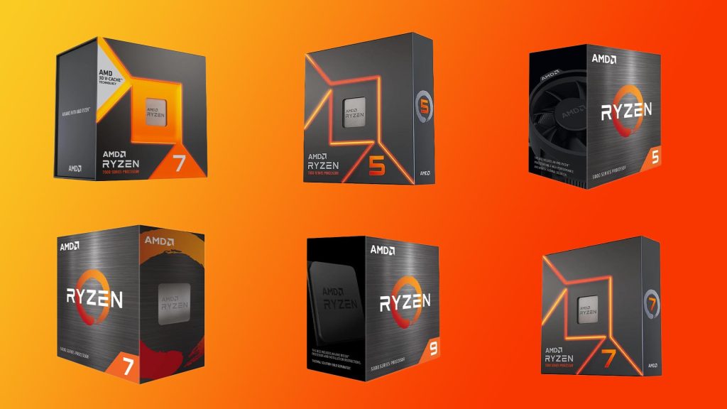 صناديق معالجات AMD Ryzen المكتبية بفئات Ryzen 5 و7 و9.