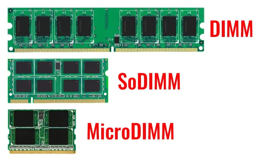 مقارنة أحجام الرام: DIMM وSoDIMM وMicroDIMM.