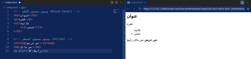 الفرق بين العناصر الكتلية والسطرية في عرض الصفحة.