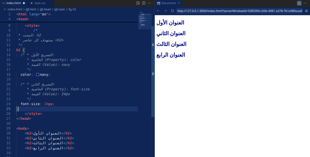 تشريح قاعدة CSS: المحدِّد وكتلة التصريح والخاصية والقيمة.