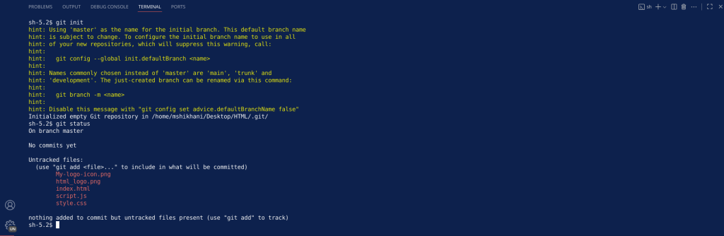 ناتج git status يعرض الملفّات غير المتتبّعة.
