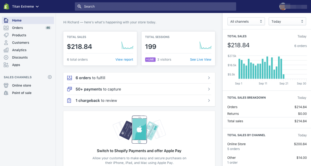 لوحة تحكّم متجر على منصّة Shopify.