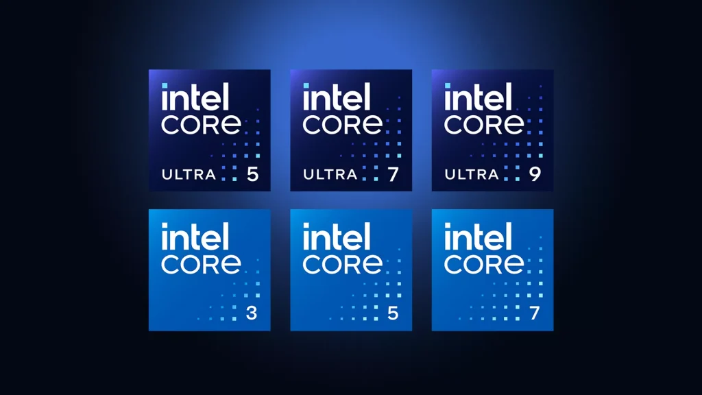 شعارات معالجات Intel Core تعرض فئتَي Core Ultra 5/7/9 وCore 3/5/7.