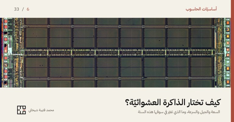 غلاف مقالة الذاكرة العشوائيّة: صورةٌ مجهريّة لرقاقة ذاكرةٍ عشوائيّة مكشوفة، تملؤها مربّعاتٌ داكنةٌ متماثلة في صفوفٍ منتظمة هي مصفوفات الذاكرة، يفصل بينها شريطٌ أفقيّ من الدارات الدقيقة، وعلى الطرفين دوائر صغيرةٌ ملوّنة. وفوق الصورة اسم السلسلة «أساسيّات الحاسوب» والرقم 6 من 33، وتحتها العنوان «كيف تختار الذاكرة العشوائيّة؟» وسطرٌ يقول: السعة والجيل والسرعة، وما الذي تغيّر في سوقها هذه السنة.