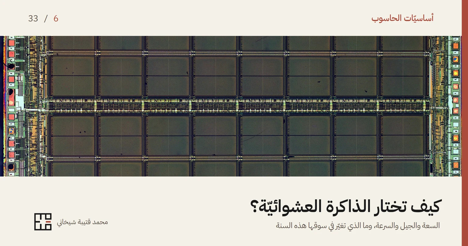 غلاف مقالة الذاكرة العشوائيّة: صورةٌ مجهريّة لرقاقة ذاكرةٍ عشوائيّة مكشوفة، تملؤها مربّعاتٌ داكنةٌ متماثلة في صفوفٍ منتظمة هي مصفوفات الذاكرة، يفصل بينها شريطٌ أفقيّ من الدارات الدقيقة، وعلى الطرفين دوائر صغيرةٌ ملوّنة. وفوق الصورة اسم السلسلة «أساسيّات الحاسوب» والرقم 6 من 33، وتحتها العنوان «كيف تختار الذاكرة العشوائيّة؟» وسطرٌ يقول: السعة والجيل والسرعة، وما الذي تغيّر في سوقها هذه السنة.