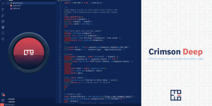 لافتة ثيم Crimson Deep: خلفية زرقاء عميقة وشيفرة بإبرازٍ قرمزي