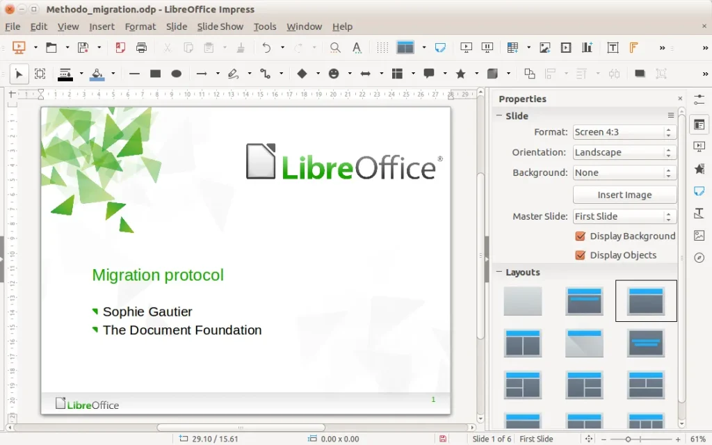 لقطة شاشة لواجهة برنامج إنشاء العروض التقديمية LibreOffice Impress