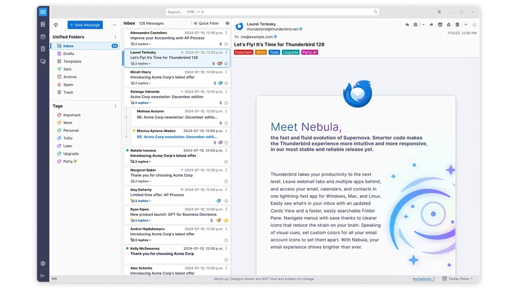 واجهة برنامج Thunderbird، تعرض قائمة المجلدات والرسائل وقراءة إحدى الرسائل.