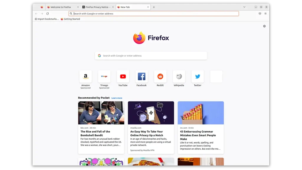 واجهة متصفح Firefox، تعرض صفحة تبويب جديدة مع شريط بحث وأيقونات مواقع شائعة.