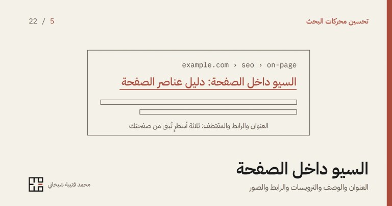 رسمٌ بخطوطٍ رفيعة لنتيجة بحثٍ واحدة داخل إطار: في أعلاها رابطٌ لاتينيّ بمسار صفحة، وتحته عنوانٌ أحمر تحته خطّ «السيو داخل الصفحة: دليل عناصر الصفحة»، ثمّ سطران فارغان للمقتطف، وتحتها «العنوان والرابط والمقتطف: ثلاثة أسطرٍ تُبنى من صفحتك»، ثمّ عنوان المقالة.