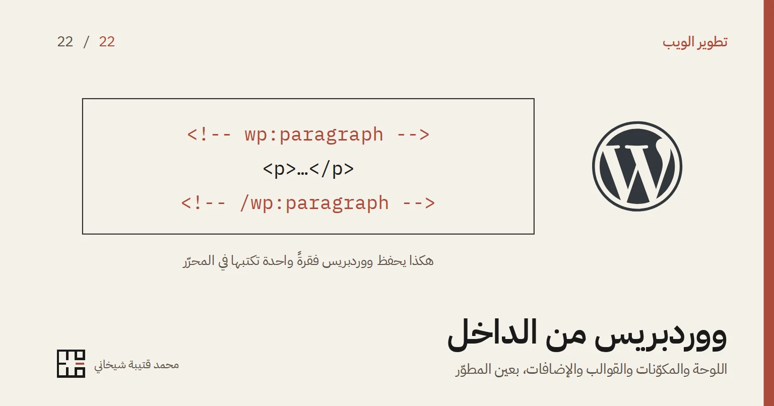 رسمٌ على خلفيّةٍ كريميّة: شعار ووردبريس الرسميّ، حرف W داخل دائرة رماديّة داكنة، وبجانبه إطارٌ فيه ثلاثة أسطر شيفرة، الأوّل والثالث بالأحمر: تعليقا HTML يفتحان ويغلقان مكوّن wp:paragraph، وبينهما بالأسود فقرة p. وتحت الإطار سطرٌ يقول: هكذا يحفظ ووردبريس فقرةً واحدة تكتبها في المحرّر. ثمّ عنوان المقالة «ووردبريس من الداخل» وسطرٌ يقول: اللوحة والمكوّنات والقوالب والإضافات، بعين المطوّر.