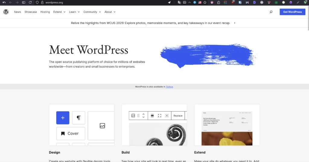الصفحة الرئيسية لموقع WordPress.org.