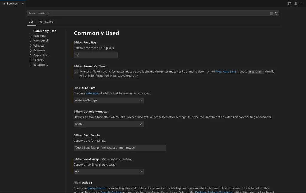 واجهة إعدادات Visual Studio Code.