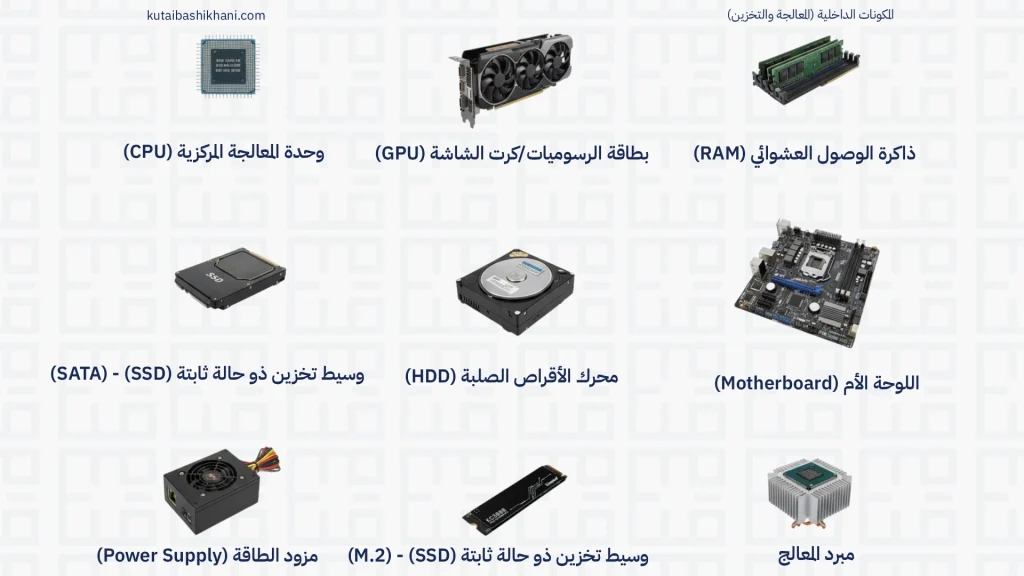 مجموعة من مكونات الحاسوب الداخلية، تشمل CPU، و GPU، و RAM، و SSD، و HDD، واللوحة الأم.