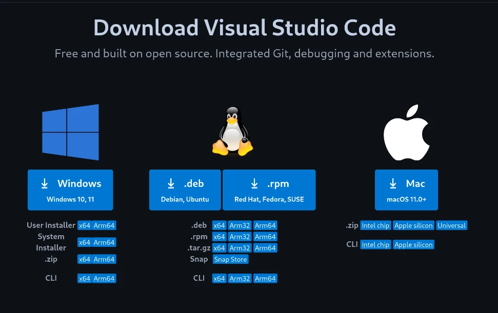 صفحة تحميل Visual Studio Code لأنظمة التشغيل المختلفة.