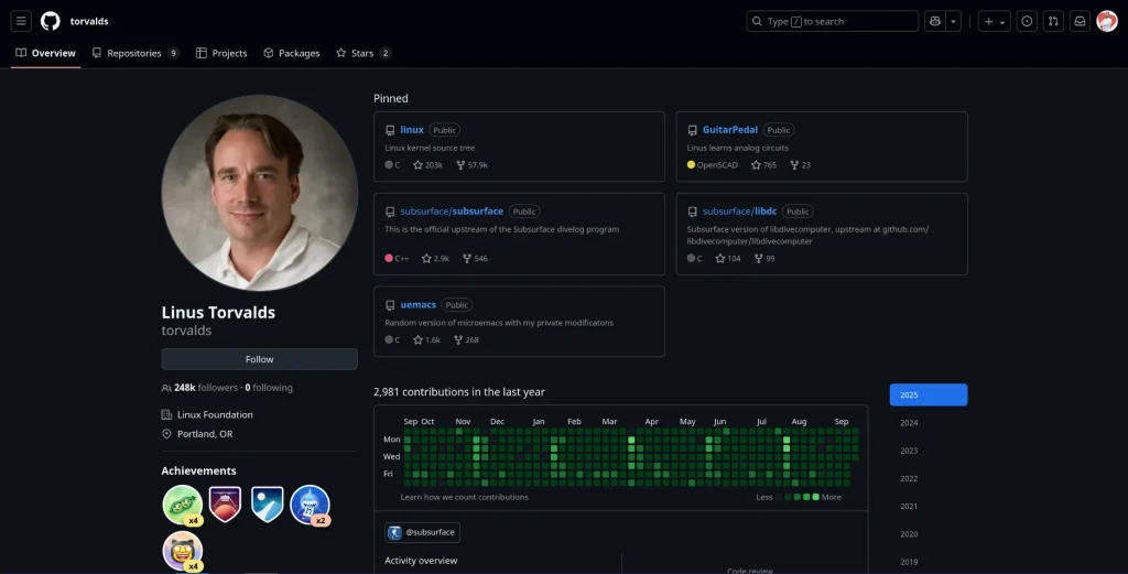 صفحة حساب لينوس تورفالدس على GitHub.