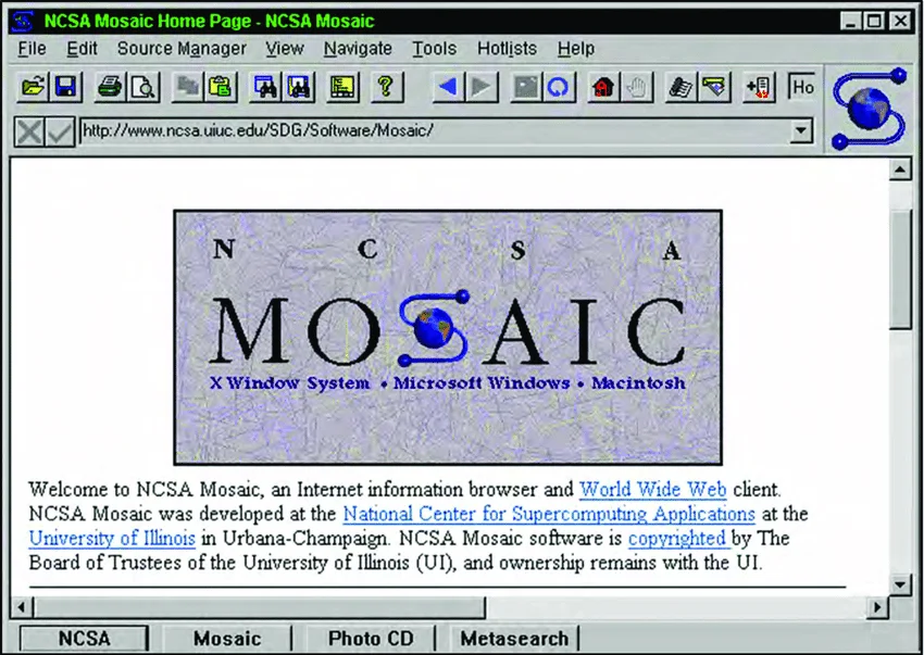 متصفّح Mosaic سنة 1993، أوّل متصفّحٍ يعرض النصّ والصور معًا.