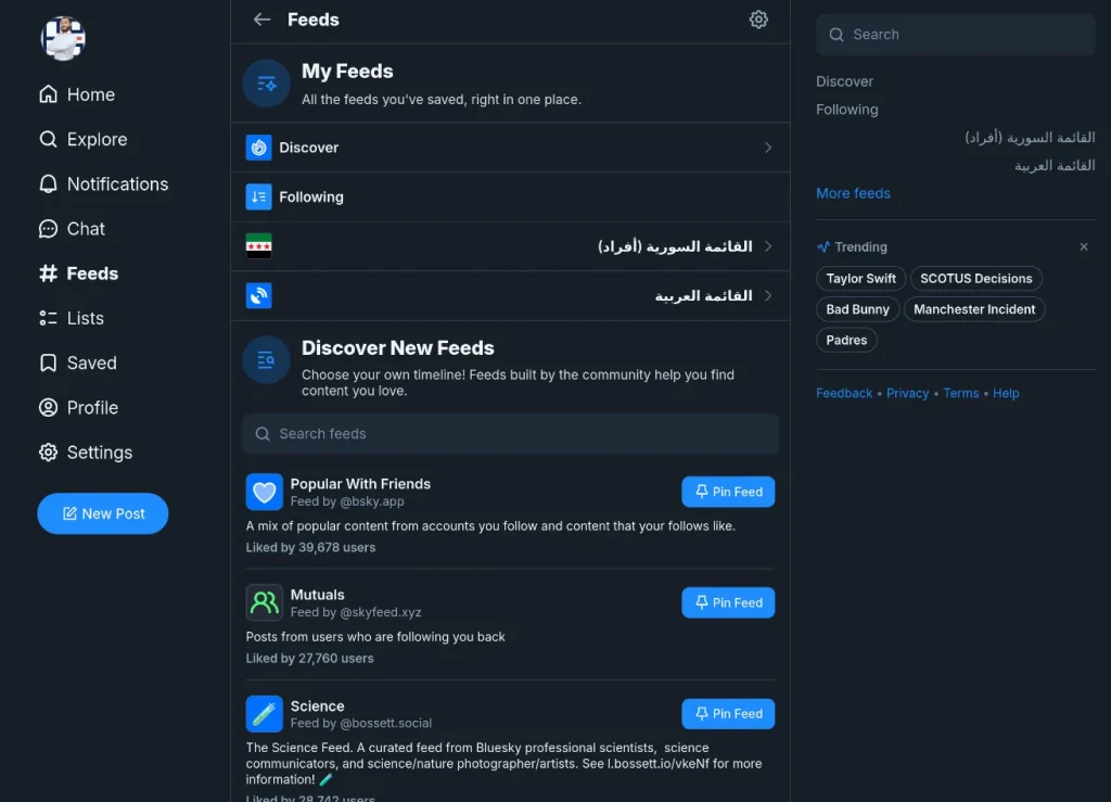 واجهة تطبيق Bluesky، تعرض قسم الخلاصات المخصصة ومحرك البحث عن الخلاصات الجديدة.