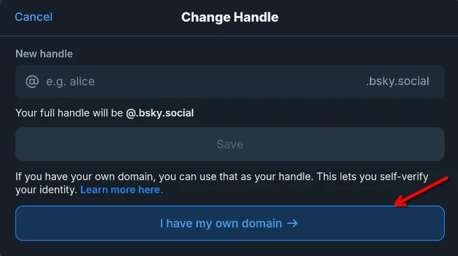 واجهة تغيير المعرّف في تطبيق Bluesky، تعرض خيار استخدام نطاق خاص كمعرّف للمستخدم.