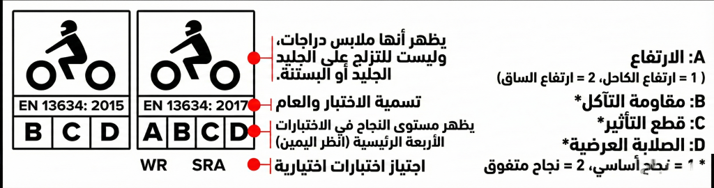 مخطط يوضح قراءة الأرقام الأربعة لمعيار EN 13634 على ملصق الحذاء