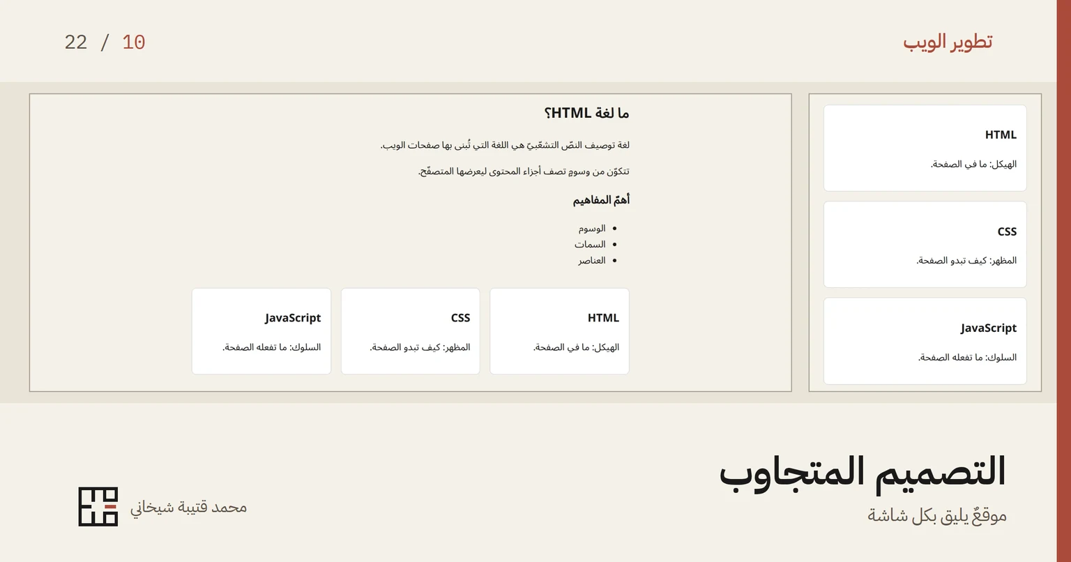 صفحة مدوّنةٍ تجريبيّة مصوّرة مرّتين. في اليسار على شاشةٍ عرضها 1280 بكسلًا: عنوانٌ وفقرات وقائمة، وتحتها ثلاث بطاقات HTML وCSS وJavaScript في صفٍّ واحد. وفي اليمين على هاتفٍ عرضه 390 بكسلًا: البطاقات الثلاث بعضها فوق بعض. وتحت الصورتين عنوان المقالة «التصميم المتجاوب».