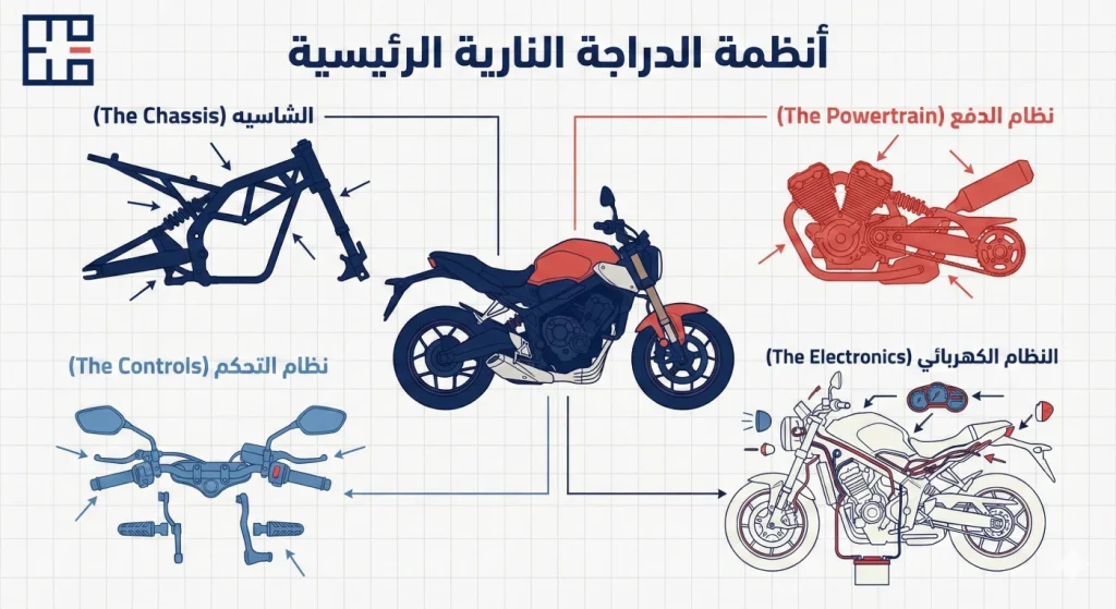 مخطط الأنظمة الأربعة الرئيسية للدراجة النارية: الشاسيه ونظام الدفع والتحكم والكهرباء