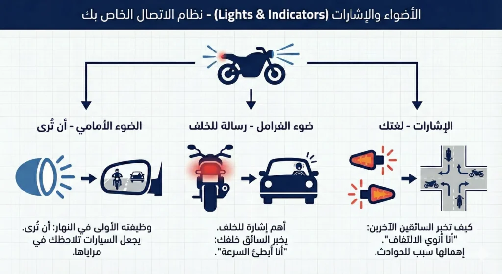 أضواء الدراجة النارية وإشاراتها: المصباح الأمامي وضوء الفرامل والغمازات