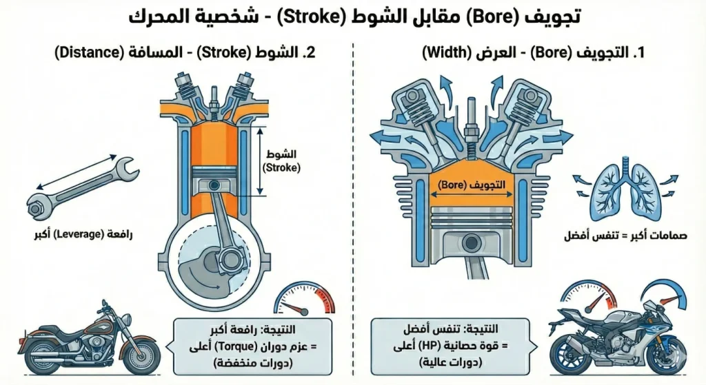 مقارنة التجويف الواسع بالشوط الطويل داخل الأسطوانة