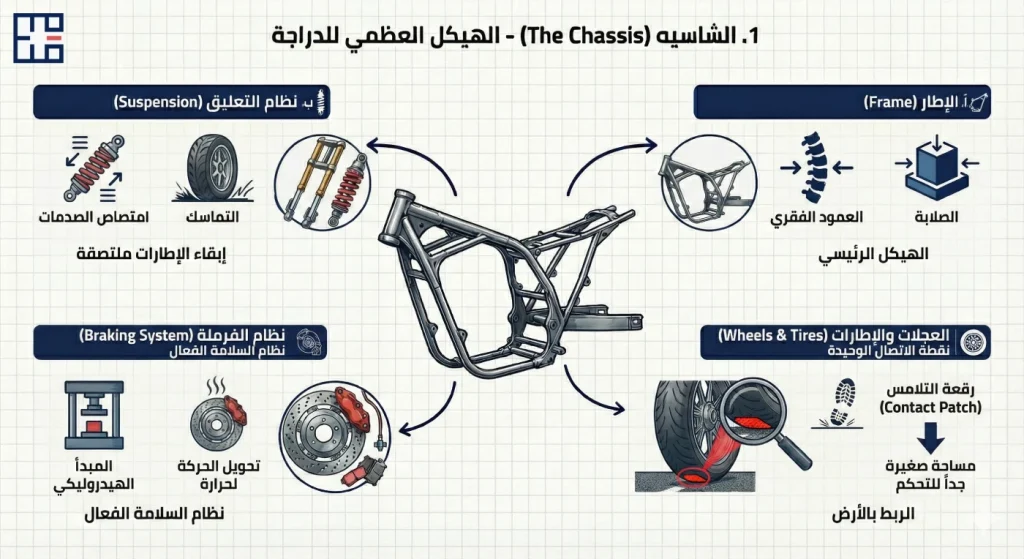 مكونات الشاسيه: الهيكل الرئيسي والتعليق والعجلات والفرامل