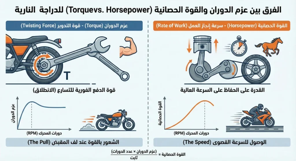 الفرق بين عزم الدوران والقوة الحصانية في محرك الدراجة