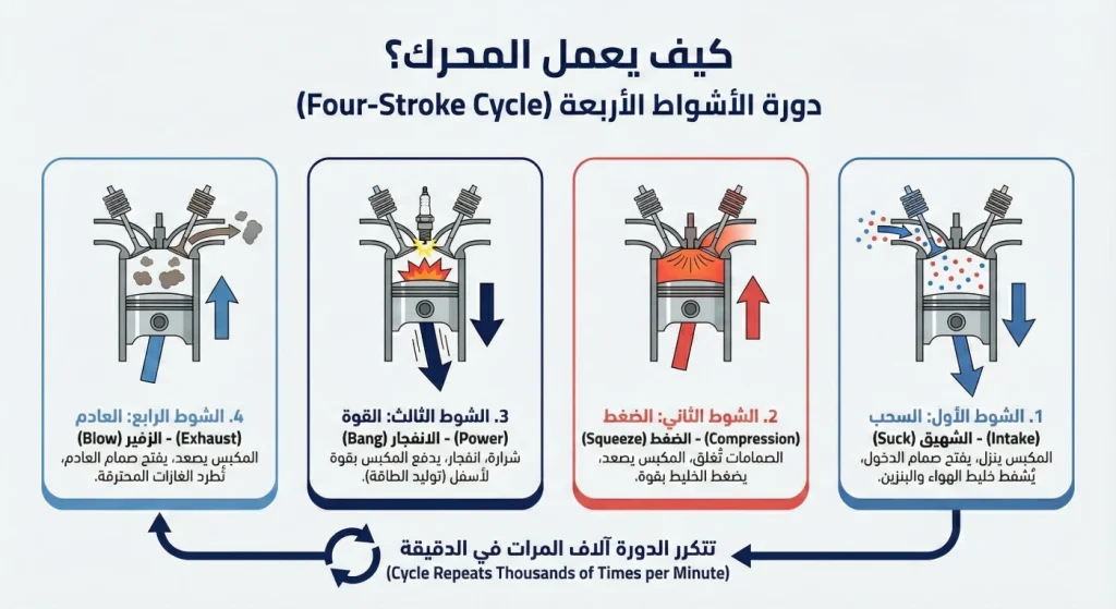 مراحل دورة الأشواط الأربعة: السحب والضغط والقوة والعادم