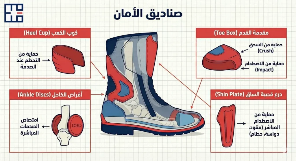دروع الحذاء: كوب الكعب ومقدمة القدم المقواة وأقراص الكاحل