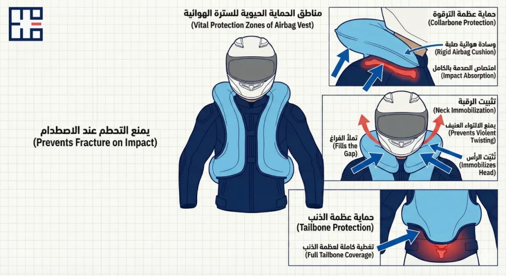 مناطق الحماية التي تغطيها السترة الهوائية: الترقوة والرقبة والظهر والعصعص
