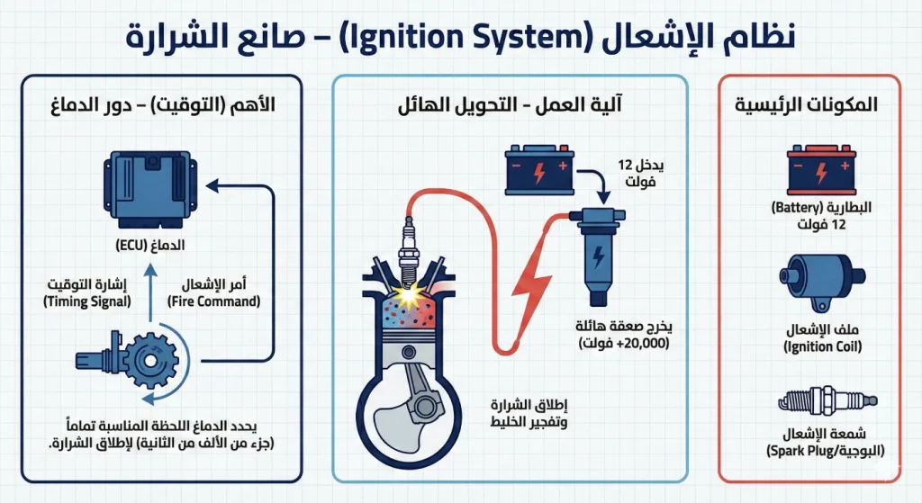 مكونات نظام الإشعال: البطارية وملف الإشعال وشمعة الإشعال