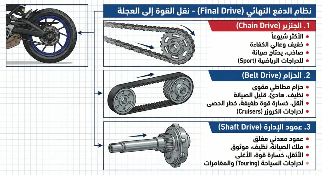 أنواع الدفع النهائي الثلاثة: الجنزير والحزام وعمود الإدارة