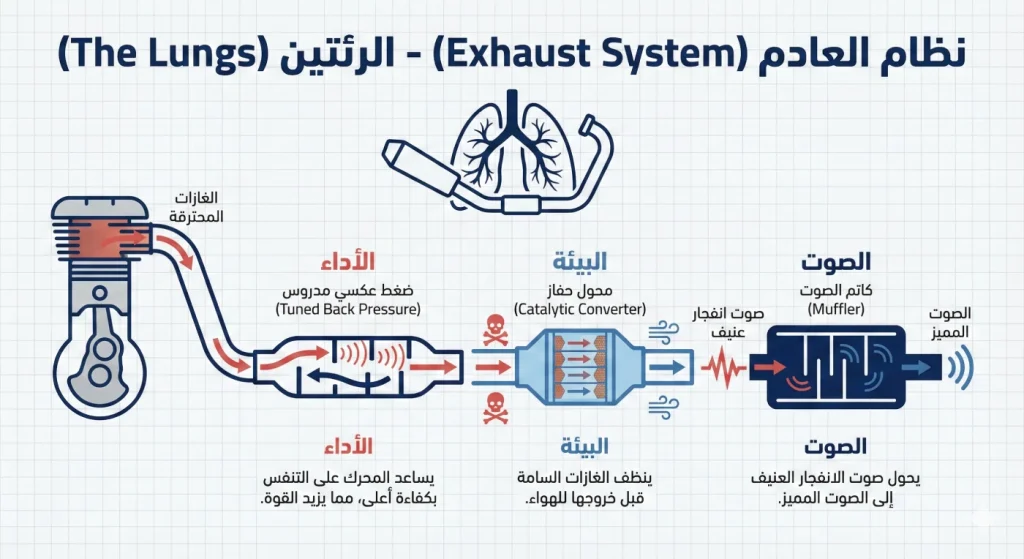 مكونات نظام العادم: الأنابيب والمحول الحفاز وكاتم الصوت