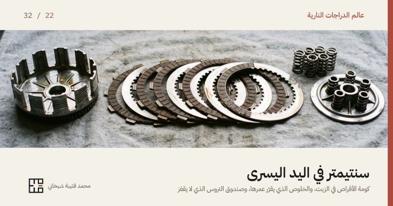 غلاف مقال القابض وناقل الحركة: قابض رطب مفكّك على قماش ورشة، السلّة المشقّبة في جهة، وأقراص الاحتكاك الداكنة والأقراص الفولاذية اللمّاعة مفرودة بالتناوب في الوسط، ونوابض ولوحة الضغط في الجهة الأخرى.