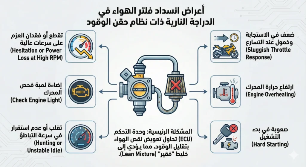 أعراض انسداد فلتر الهواء في دراجة بحقن الوقود: ضعف واضح دون دخان
