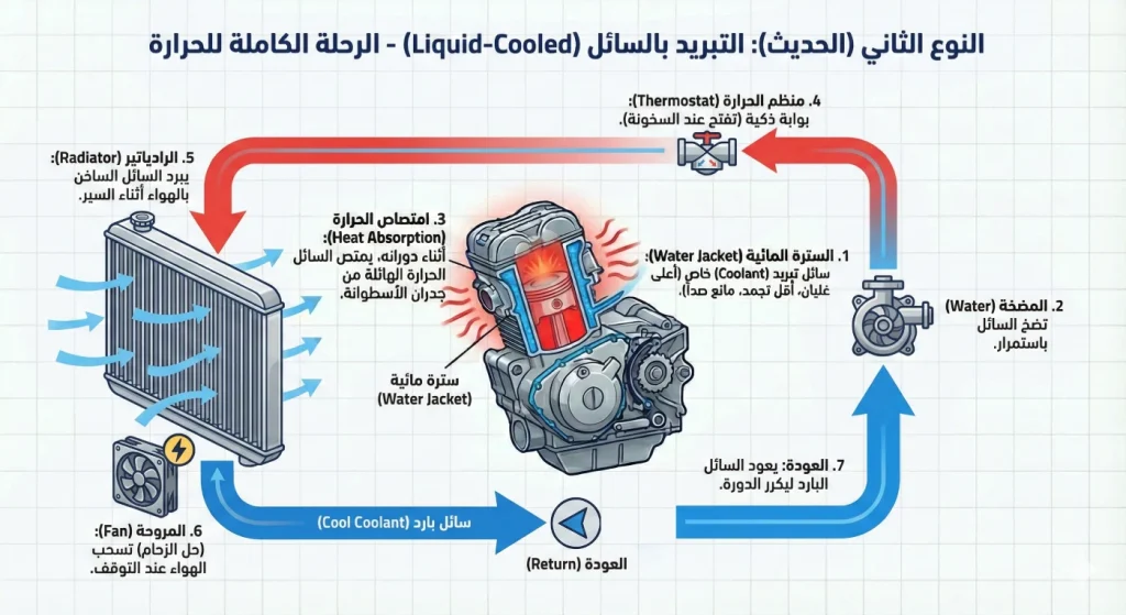 مكونات نظام التبريد بالسائل في الدراجة النارية