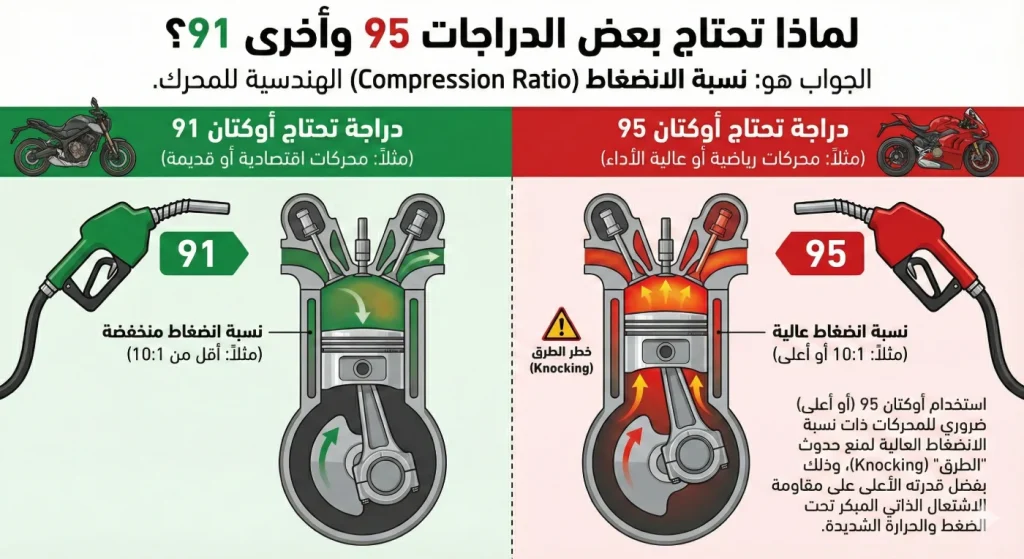 مطابقة الأوكتان لنسبة انضغاط المحرك: 91 للمنخفض و95 فأعلى للعالي
