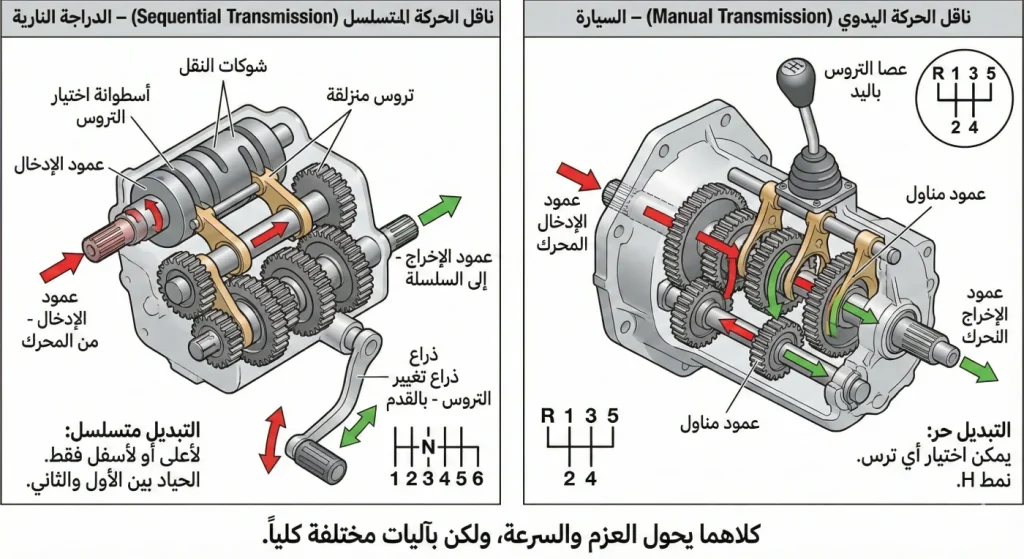 الفرق بين ناقل الحركة في السيارة والدراجة النارية