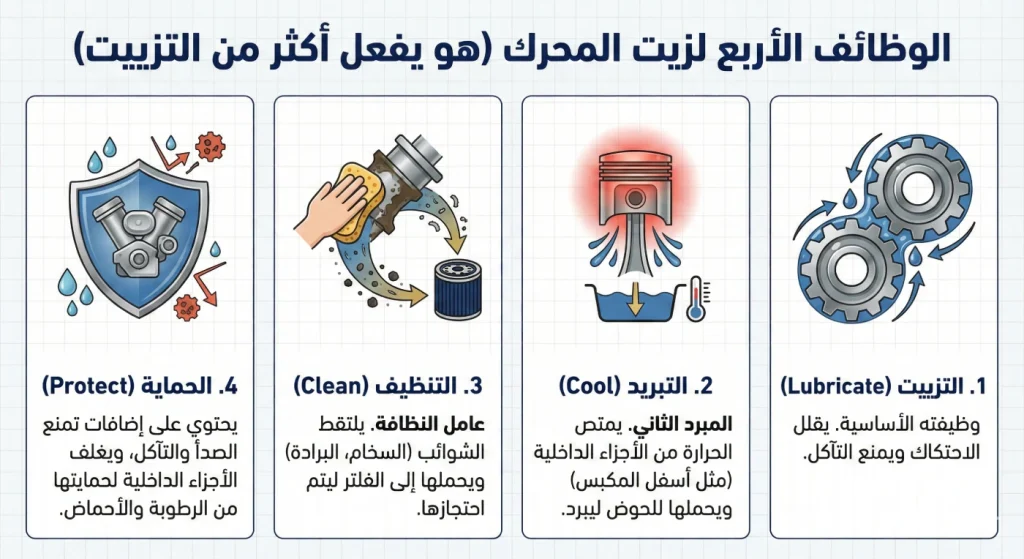 الوظائف الأربع لزيت المحرك: التزييت والتبريد والتنظيف والحماية