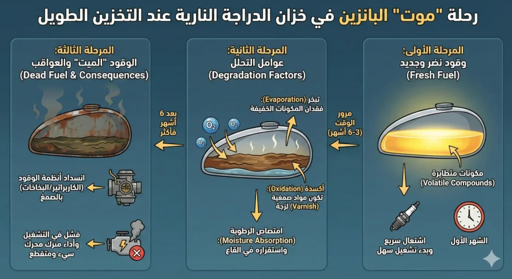 ما يحدث للبنزين المخزن طويلاً: أكسدة ورواسب وانفصال