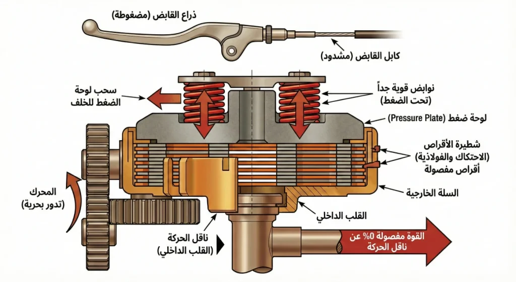 حالة القابض المفصول عند الضغط على المقبض وتحرر الأقراص