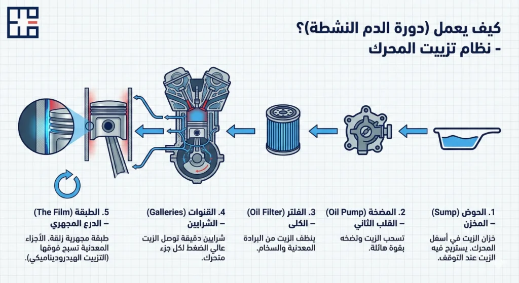 مسار دورة الزيت داخل المحرك: الحوض والمضخة والفلتر والقنوات