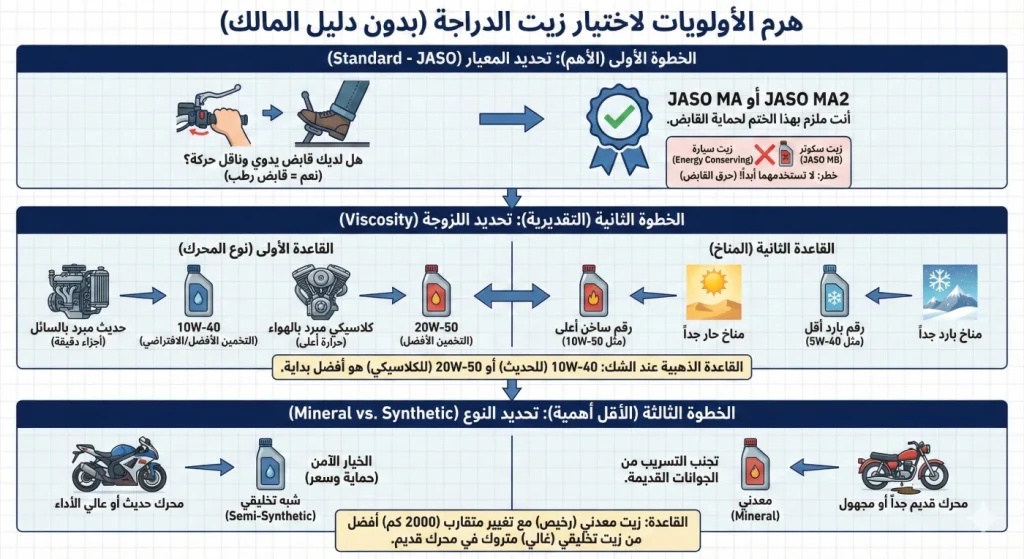 هرم أولويات اختيار الزيت: المعيار ثم اللزوجة ثم النوع