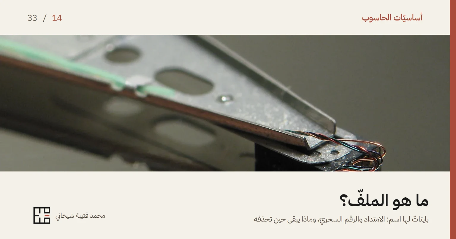 غلاف مقالة ما هو الملفّ: صورةٌ مقرّبة لذراع القراءة في قرصٍ صلب، طرفها المعدنيّ الرفيع وأسلاكه النحاسيّة الدقيقة فوق سطح القرص اللامع. وفوق الصورة اسم السلسلة «أساسيّات الحاسوب» والرقم 14 من 33، وتحتها العنوان «ما هو الملفّ؟» وسطرٌ يقول: بايتاتٌ لها اسم: الامتداد والرقم السحريّ، وماذا يبقى حين تحذفه.